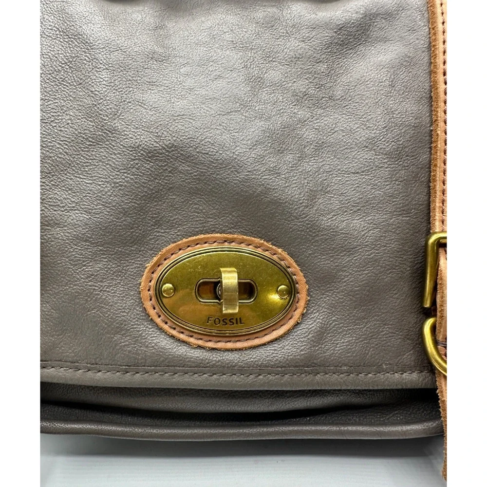 Fossil Vintage Issue 54 Gray Messenger Leather Bag Satchel Buckle Career